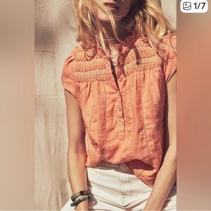 Faherty Kaia embroidered linen blouse in a rhythm orange color size L